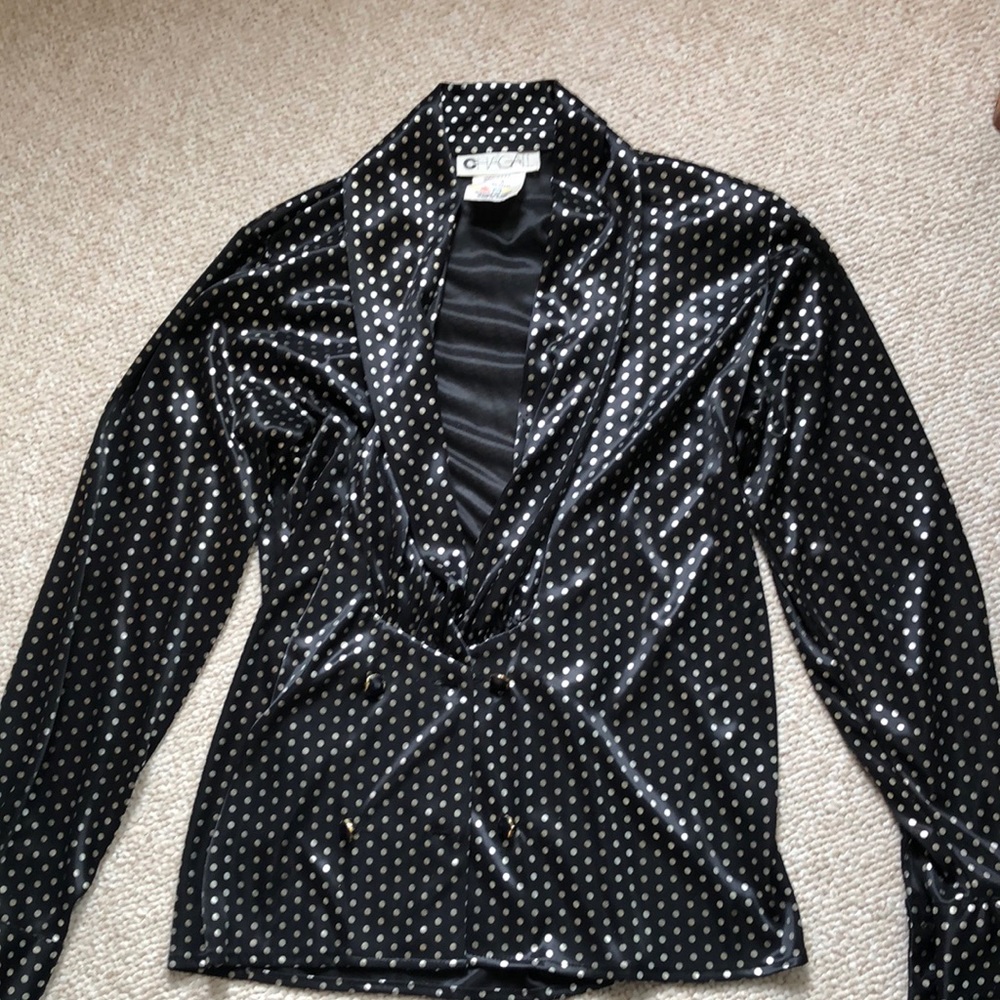 VINTAGE 80's Shiny Black & Gold Dots Plunge V Neck Button Front Blouse Size 6